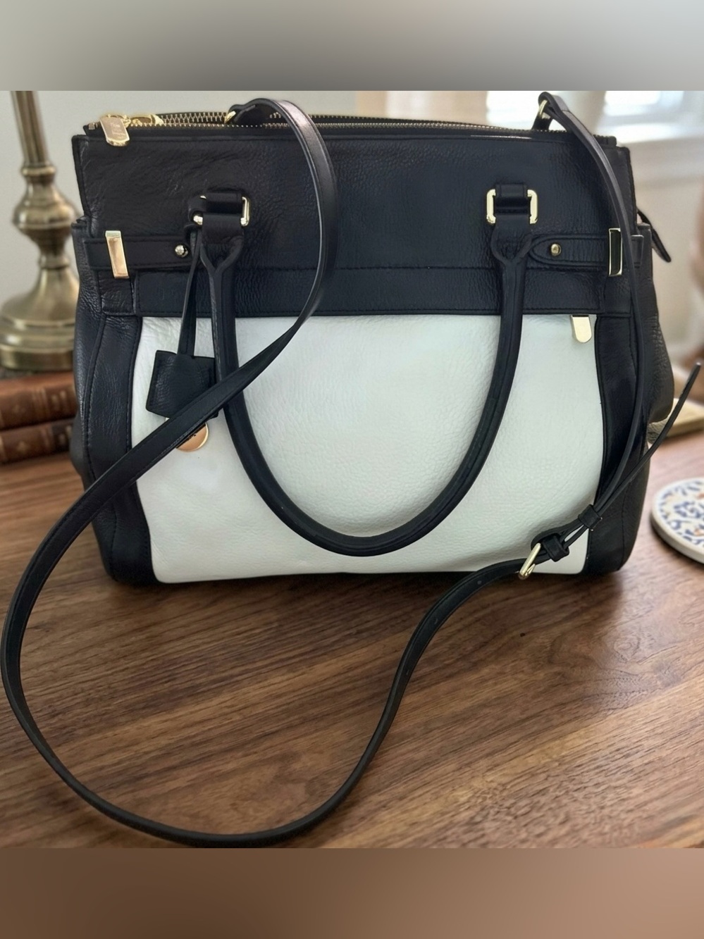 Banana Republic Bettina Leather Colorblock Satchel Bag White Black Gold